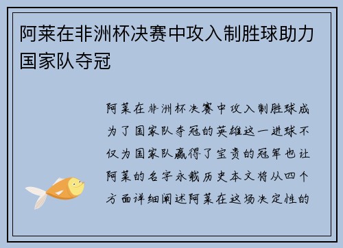 阿莱在非洲杯决赛中攻入制胜球助力国家队夺冠